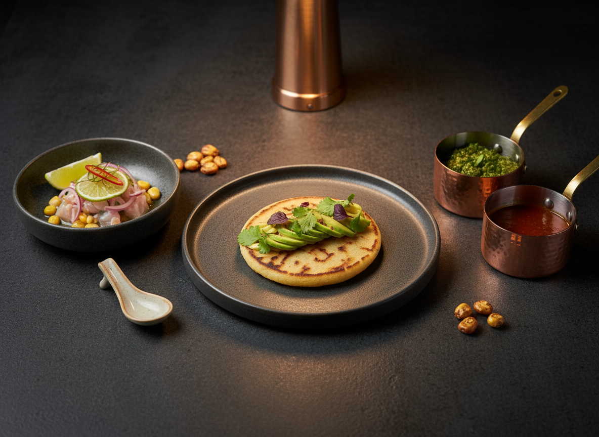 A refined overhead photographic view of an elegant tasting spread for a South American fusion restaurant, arranged on a dark matte stone table. A meticulously plated arepa topped with delicate avocado ribbons and micro-herbs sits beside a minimalist ceviche presented in a shallow, charcoal-gray ceramic bowl, citrus slices and fine chili threads gleaming. Small copper sauce pots hold chimichurri and a deep red aji sauce, their surfaces softly reflecting light. Warm, focused pendant lighting from above creates subtle highlights on glossy sauces and gentle shadows around each plate, suggesting an intimate evening setting. The mood is sophisticated and contemporary, with a restrained color palette of charcoal, deep greens, and rich golds. Photographic realism, sharp focus on the central dishes with a slightly blurred perimeter for a clean, modern restaurant hero image.