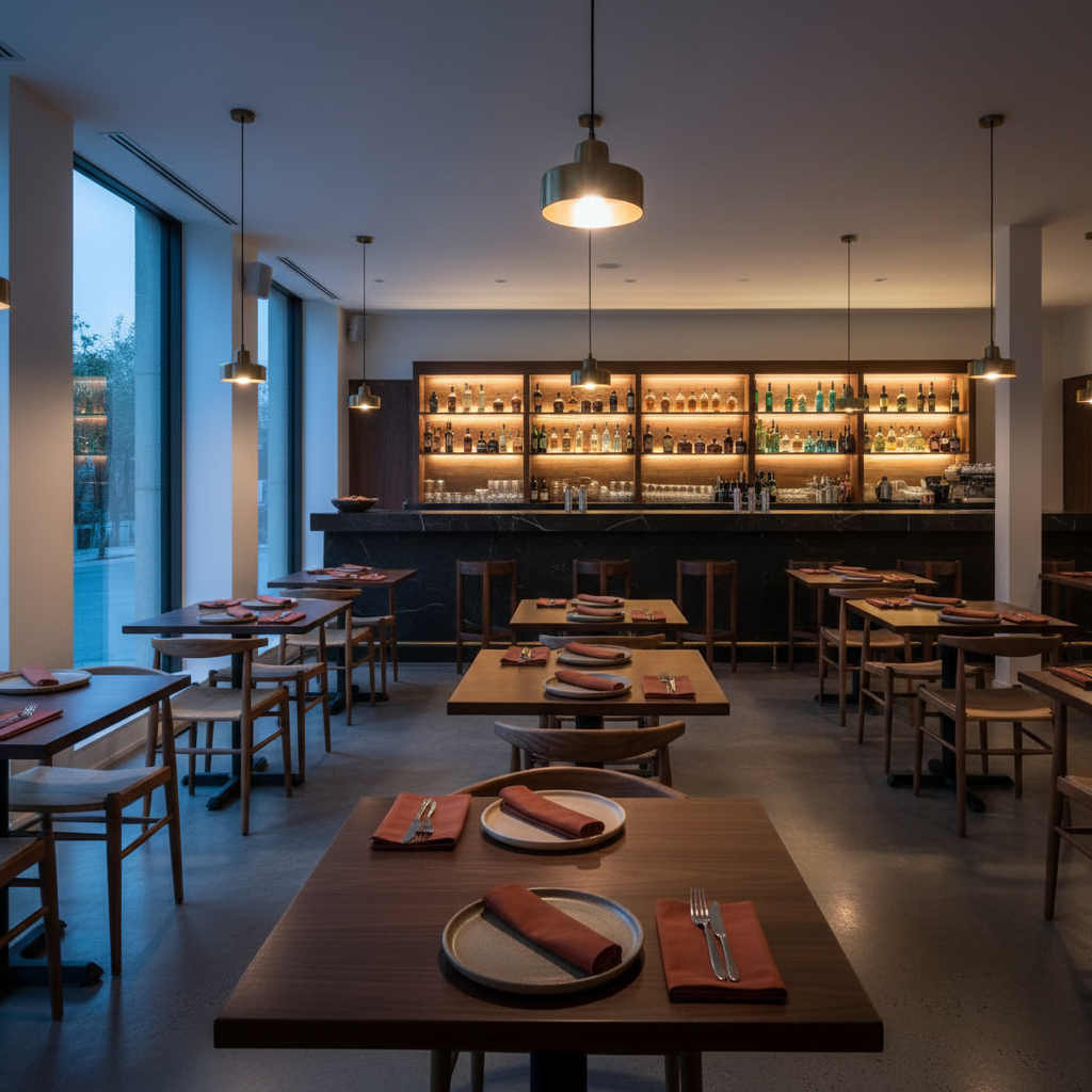 A photographic interior concept for La Pancita, a South American fusion restaurant, featuring a refined, empty dining space. Dark walnut tables with sharp, clean lines are set with minimalist stoneware plates in muted sand and slate tones, each accompanied by a single folded linen napkin in deep terracotta. In the background, a long bar with a honed black stone countertop showcases backlit shelves of neatly arranged bottles in amber and emerald hues. Soft, diffused evening light filters through large windows, complemented by warm brass pendant lights casting controlled pools of light on each table, leaving the ceiling in gentle shadow. The atmosphere is quietly luxurious and composed, with a balanced, eye-level composition and moderate depth of field that keeps the scene crisp but not cluttered, emphasizing a modern, sophisticated South American fusion identity.