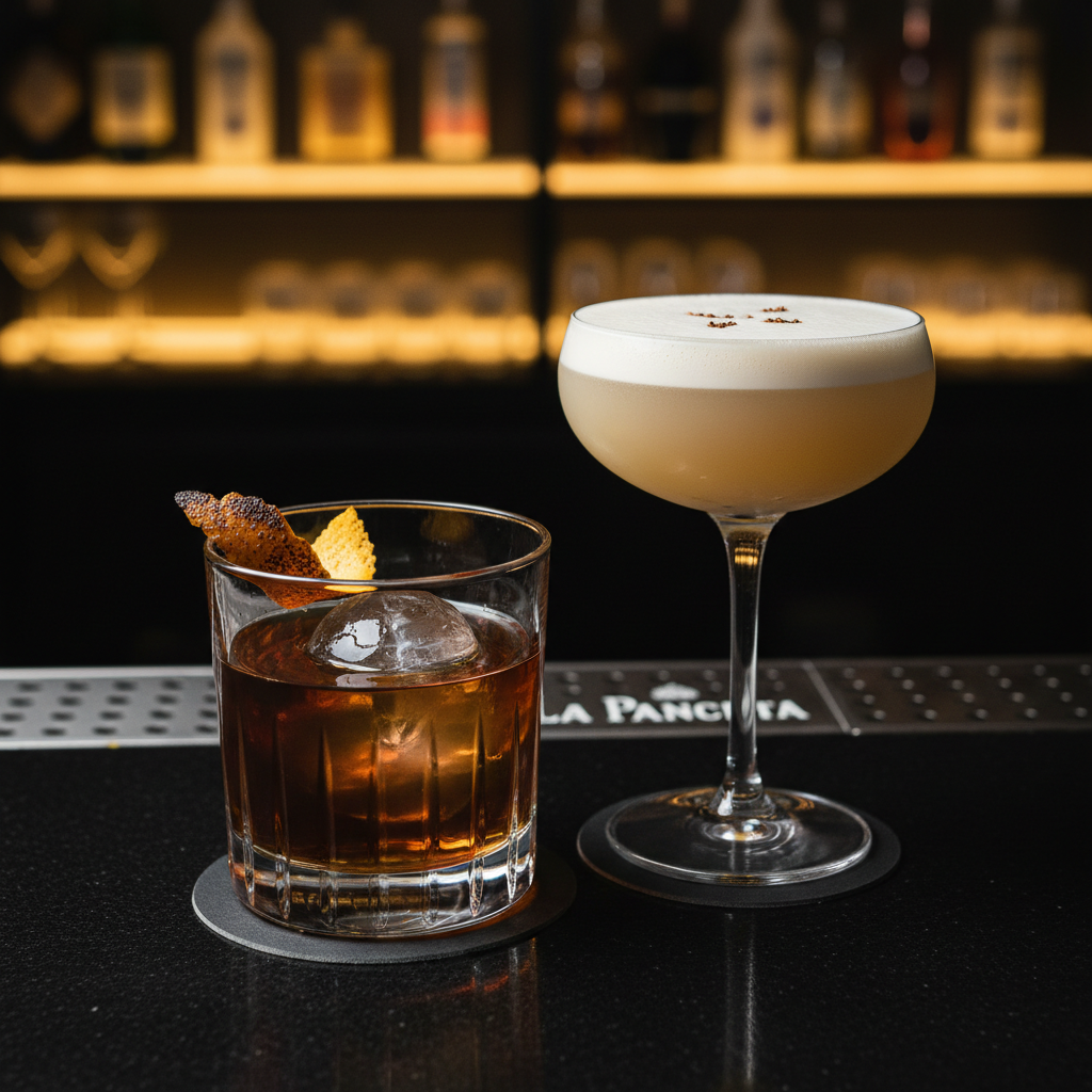 A polished photographic composition showcasing refined South American fusion cocktails on a sleek, dark bar at La Pancita. In the foreground, an elegant rocks glass holds a deep amber pisco-based cocktail with a single large, crystal-clear ice cube and a thin twist of charred orange peel resting on the rim. Beside it, a coupe glass contains a pale, frothy passion fruit drink topped with three precise bitters dots forming a minimalist pattern. The bar surface is a smooth black stone that subtly reflects the glass bases. Behind, blurred backlit shelving glows softly in warm gold tones, highlighting bottle silhouettes. Focused, low-key bar lighting creates small, crisp reflections on the glass edges and a moody, sophisticated atmosphere. Captured at a slightly low angle with shallow depth of field, emphasizing texture, clarity, and a modern, elevated drinking experience.
